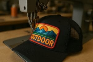 outdoor patch sewn onto black trucker hat