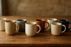 coffee mugs lined up on rustic table