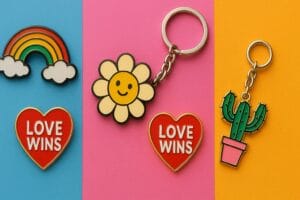 colorful enamel pins and keychains