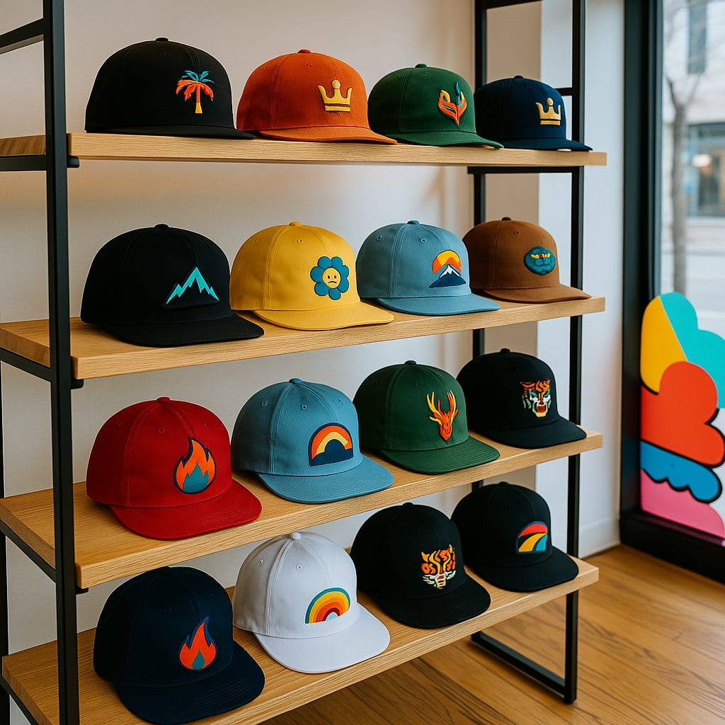 colorful arrangement of hats on a shelf