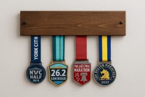 wood racing medal display showing four medals