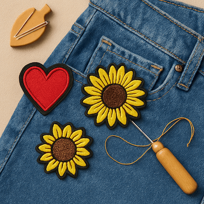 sewing custom patches onto jeans