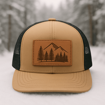snowy background with 5 panel trucker with leather patch